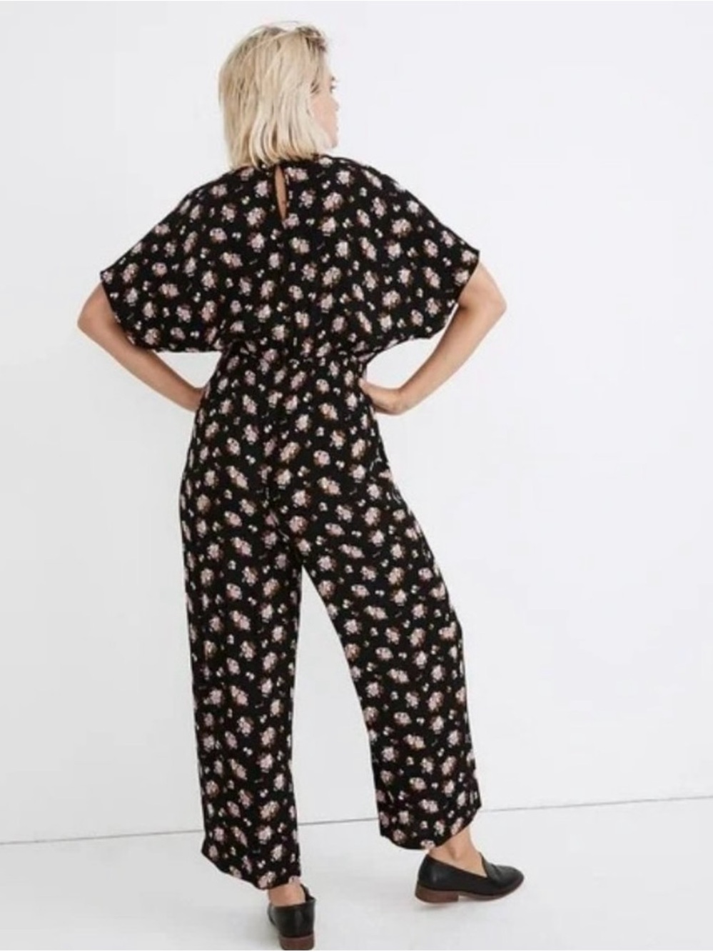 Madewell Floral V-Neck Wide-Leg Jumpsuit - Black with Pink Flowers szL - Picture 4 of 13
